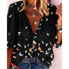 Butterfly Print Button Front Half Sleeve Shirt - black