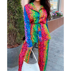 Butterfly Print Button Long Sleeve Pajamas Set - Multicolor