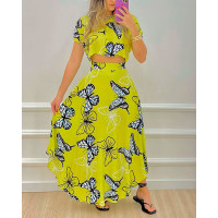 Butterfly Print Buttoned Crop Top & Skirt Set - yellow