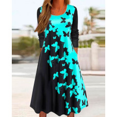 Butterfly Print Colorblock Casual Dress - gray