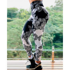 Butterfly Print Colorblock High Waist Leggings - black