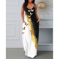 Butterfly Print Colorblock Spaghetti Strap Maxi Dress - blackwhite