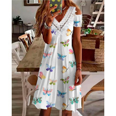 Butterfly Print Contrast Lace Cold Shoulder Casual Dress - white