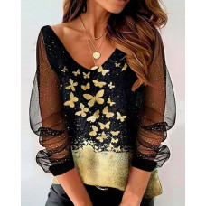 Butterfly Print Contrast Mesh Long Sleeve Top - black