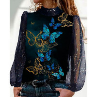 Butterfly Print Contrast Mesh Long Sleeve Top - blue