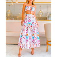 Butterfly Print Cutout Drawstring Top & Skirt Set - white