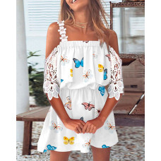 Butterfly Print Lace Patch Cold Shoulder Casual Dress - white