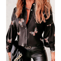 Butterfly Print Lantern Sleeve Buttoned Top - black