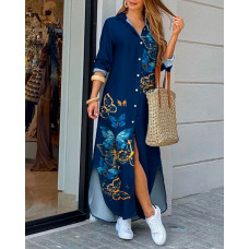 Butterfly Print Long Sleeve Buttoned Shirt Dress - blue