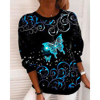 Butterfly Print Long Sleeve Casual Top - black