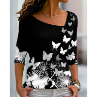 Butterfly Print Long Sleeve Top - black