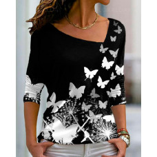 Butterfly Print Long Sleeve Top - black