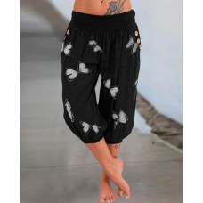 Butterfly Print Low Waist Capris Pants - black