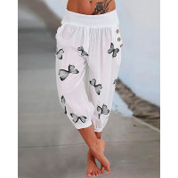 Butterfly Print Low Waist Capris Pants - white