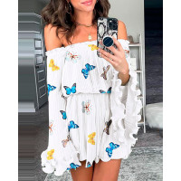 Butterfly Print Off Shoulder Bell Sleeve Frill Hem Dress - white