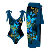 Butterfly Print One Piece Swimsuit With Cover Up - blue