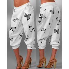 Butterfly Print Pocket Design Cuffed Pants - white