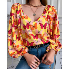 Butterfly Print Puff Lantern Sleeve Top - yellow