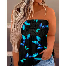 Butterfly Print Shirred Ruched Tank Top - Multicolor