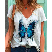 Butterfly Print Short Sleeve V-Neck Casual T-shirt - white