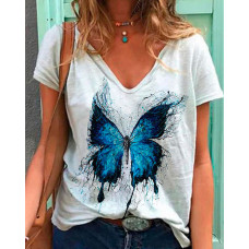 Butterfly Print Short Sleeve V-Neck Casual T-shirt - white