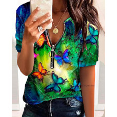 Butterfly Print Short Sleeve Zip Front Top - Multicolor