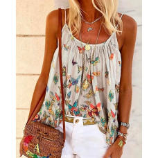 Butterfly Print Spaghetti Strap Casual Top - beige