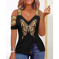 Butterfly Print Split Hem Cold Shoulder Top - black