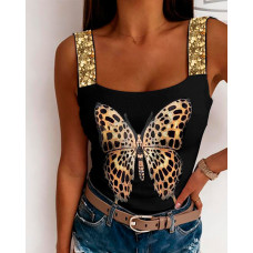 Butterfly Print Square Neck Backless Knit Tank Top - black