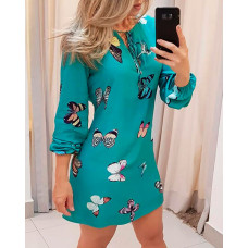 Butterfly Print Tie Front Long Sleeve Dress - blue