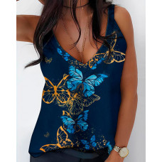 Butterfly Print V-Neck Casual Tank Top - blue