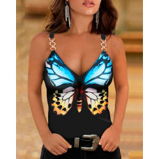 Butterfly Print V Neck Chain Design Sleeveless Tank - black