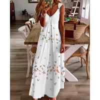 Butterfly Print V-Neck Maxi Dress - white