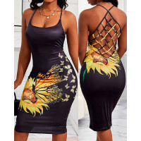 Butterfly Sunflower Print Fishnet Backless Bodycon Dress - black