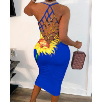 Butterfly Sunflower Print Fishnet Backless Bodycon Dress - blue