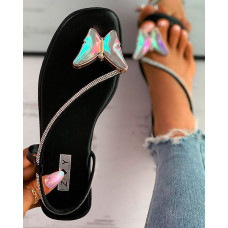 Butterfly Toe Ring Rhinestone Flat Sandals - black