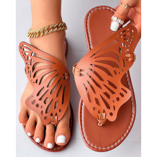 Butterfly Wings Pattern Toe Post Flip Flops - brown