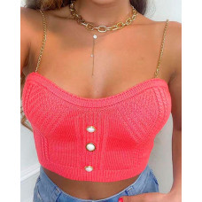 Button Decor Chain Strap Knit Cami Crop Top - style1