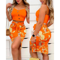 Button Decor Crop Cami Top & Floral Print Split Skirt Set - orange