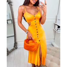 Button Decor Cutout Backless Slit Bodycon Dress - yellow