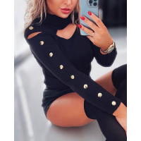 Button Decor Cutout Long Sleeve Top - black