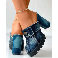 Button Decor Denim Chunky Pumps - blue