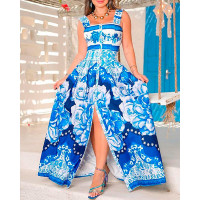 Button Decor Floral Print Slit Maxi Tank Dress - blue