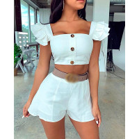 Button Decor Flutter Sleeve Crop Top & Shorts Set - white