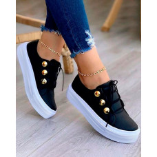 Button Decor Lace-up Sneakers - black