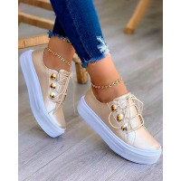 Button Decor Lace-up Sneakers - gold