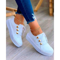 Button Decor Lace-up Sneakers - white