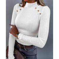 Button Decor Long Sleeve Ribbed Top - white