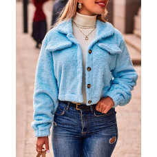 Button Decor Long Sleeve Teddy Coat - sky blue