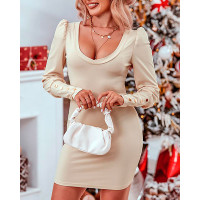 Button Decor Puff Sleeve Bodycon Dress - Apricot